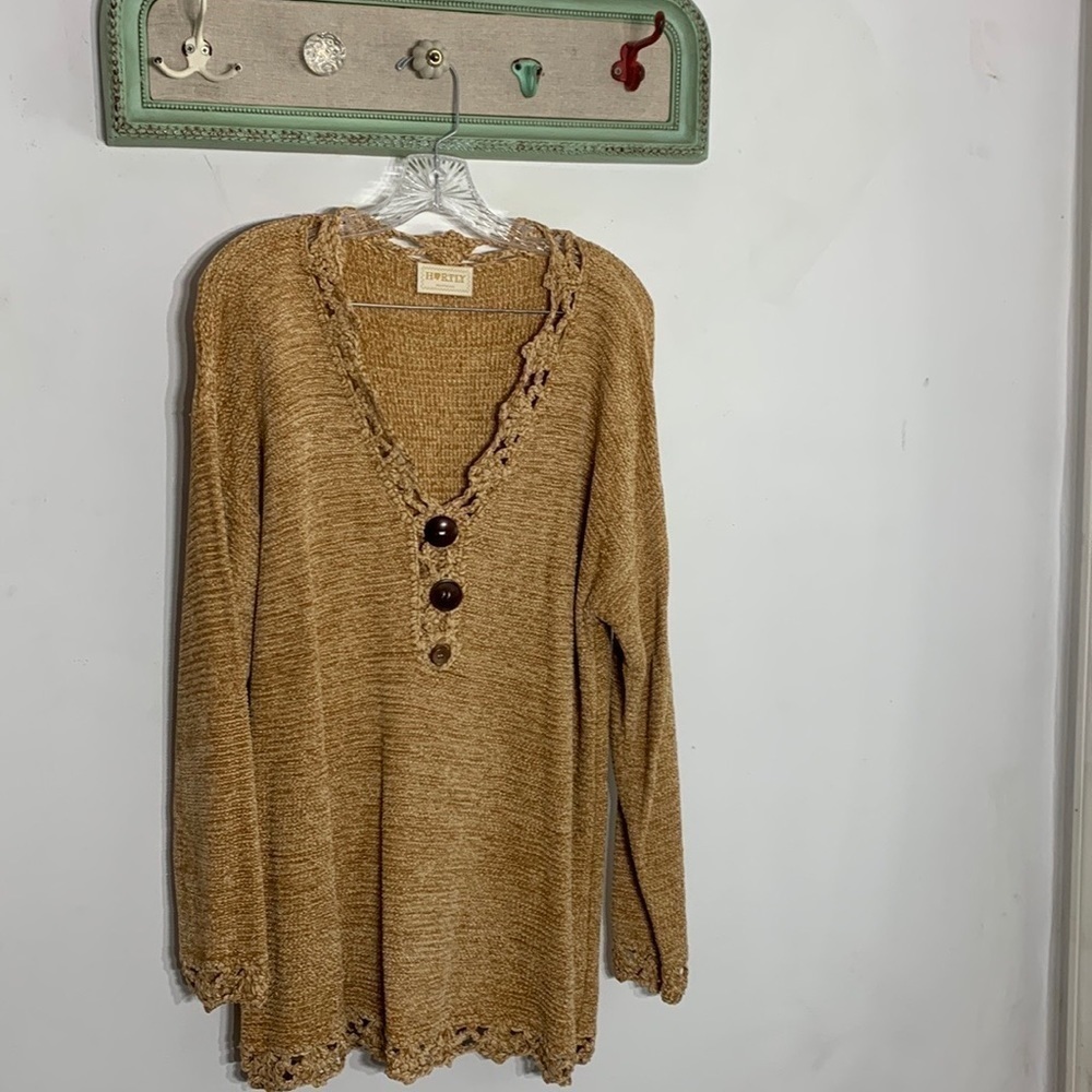 Vintage Bohemian long sleeve camel v neck tunic pullover sweater large